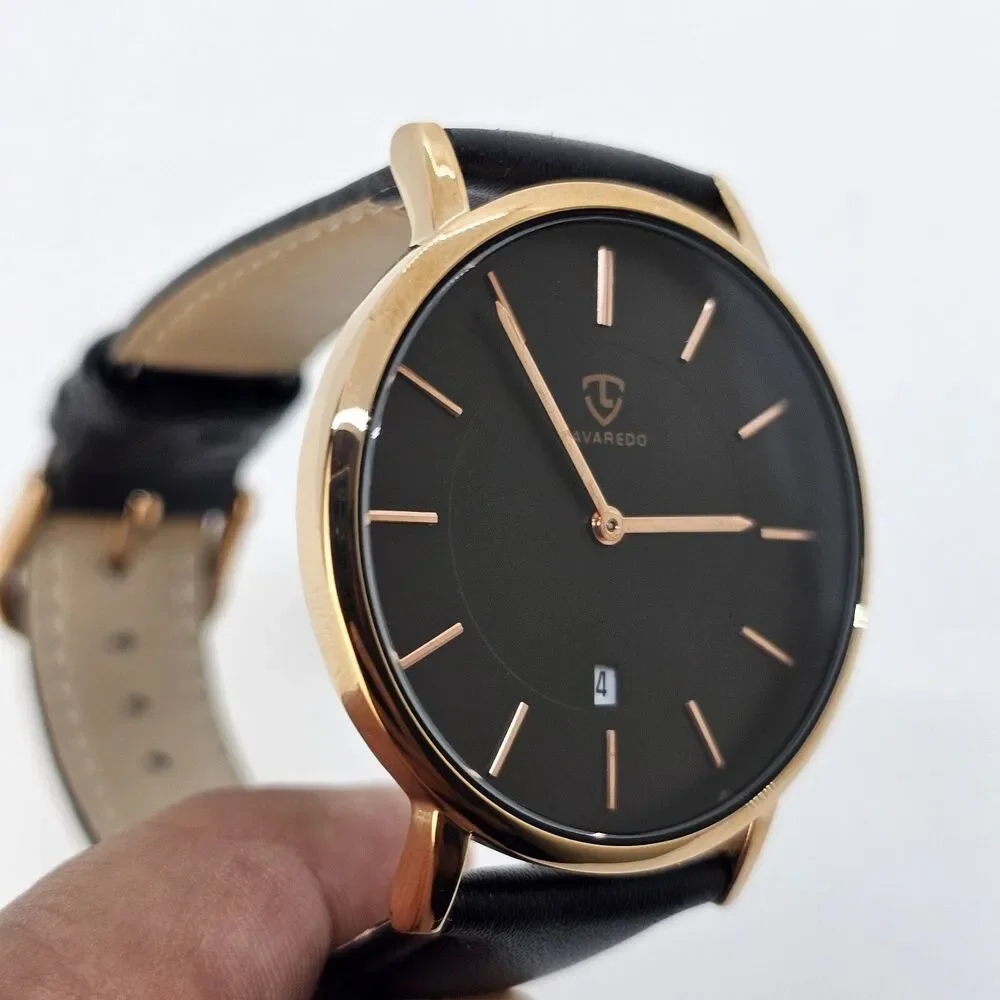 Men's Watch 40MM Black Dial Gold Case Black‎ Leather Band Straps Date Indicator